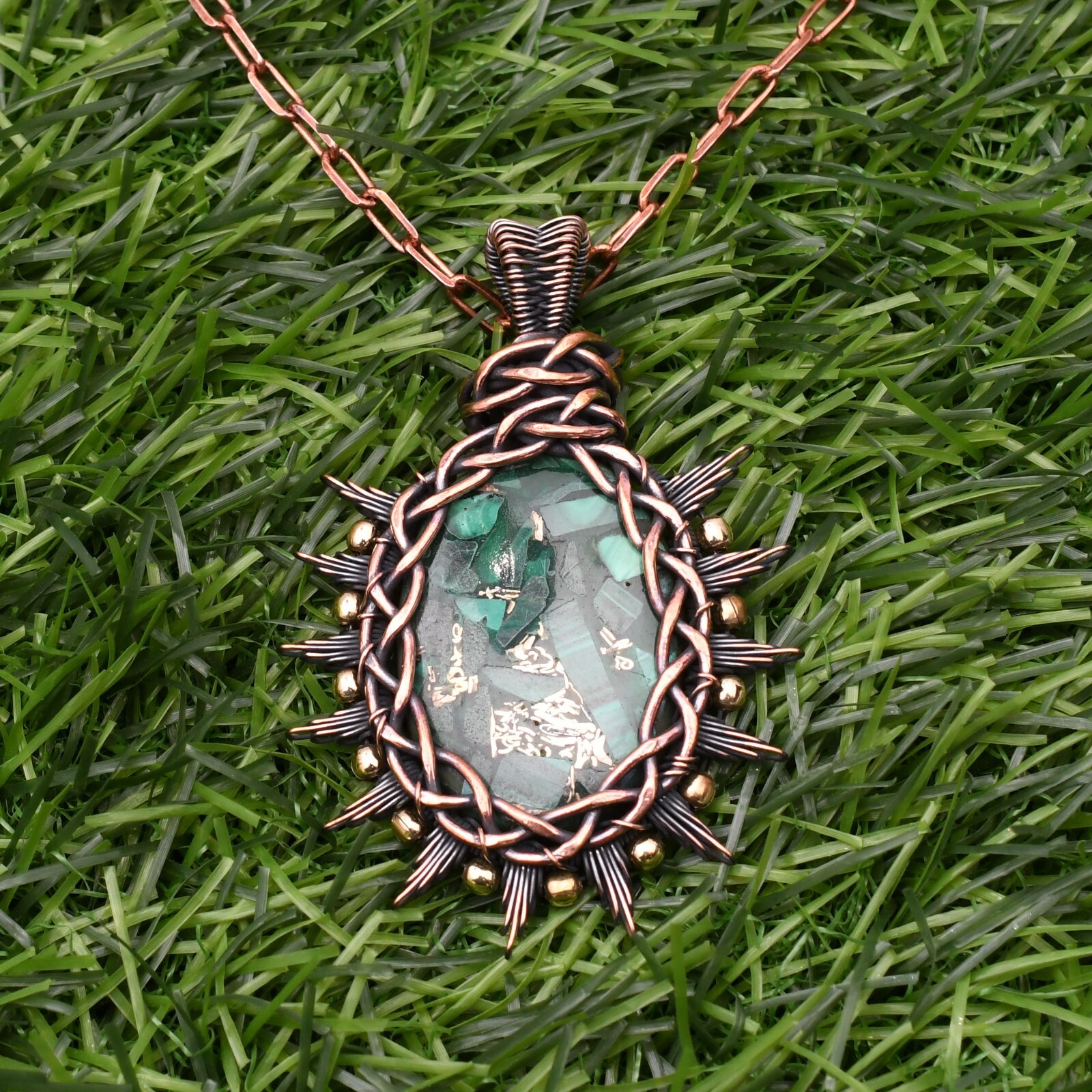 Copper Malachite Gemstone Copper Wire Wrap Handmade Jewelry Pendant 2.28″