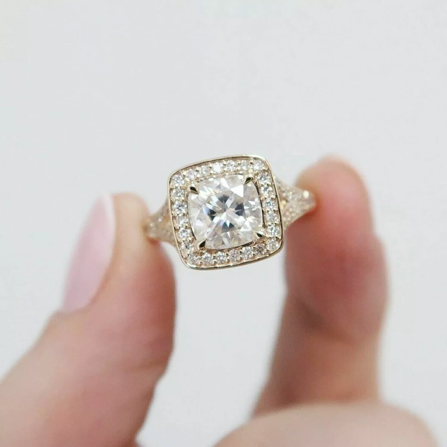 2.50CT Cushion Cut Simulated Diamond Halo Engagement Ring 14K Yellow Gold Plated