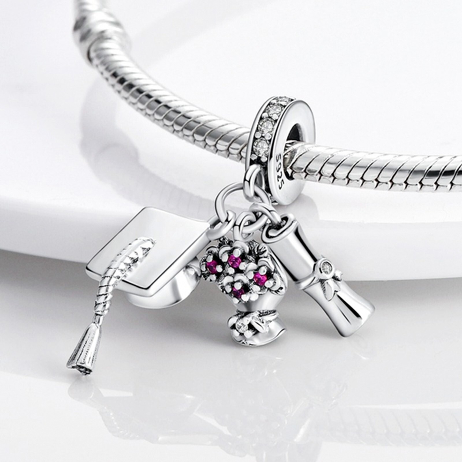 Graduation Cap, Scroll And Flower Charm For Bracelet, Graduation Gift Charm