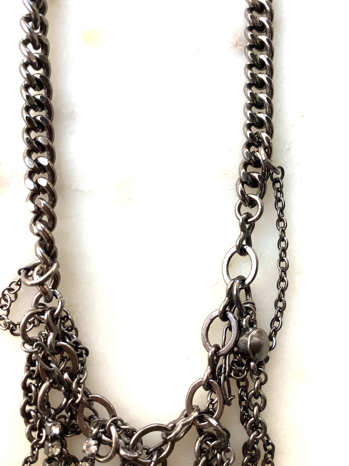 GUESS Dark Silver Tone Layered Statement Necklace Tiers Rhinestones Adjustable