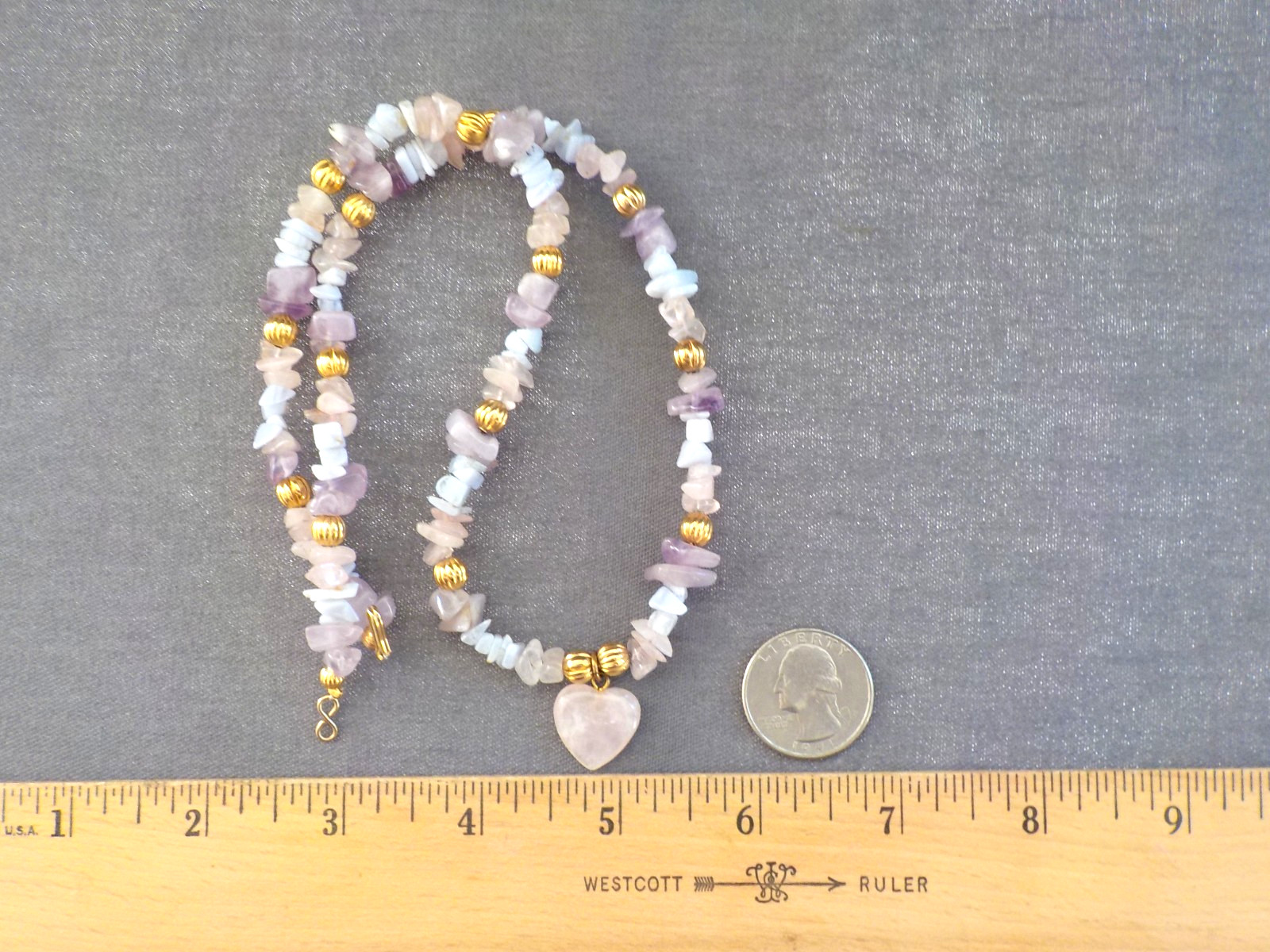 Pink He Purple Quartz Amethyst Chips Necklace Gold Tone Metal Bead 20.5″ Long