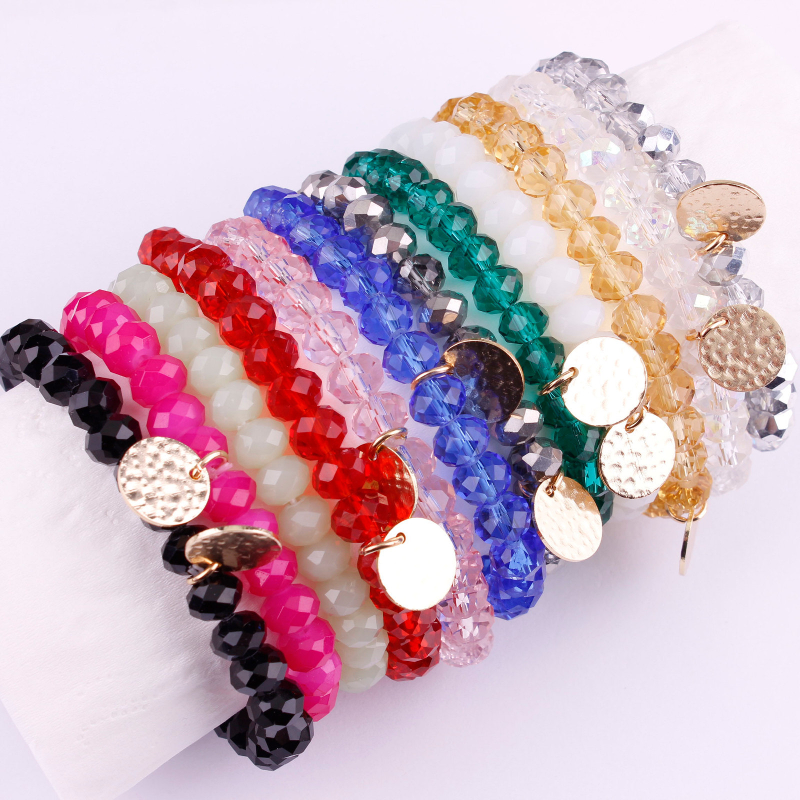 Women 8mm Glass Beads Bracelets with Hammered Disc Crystal Bead Stretch Bracelet