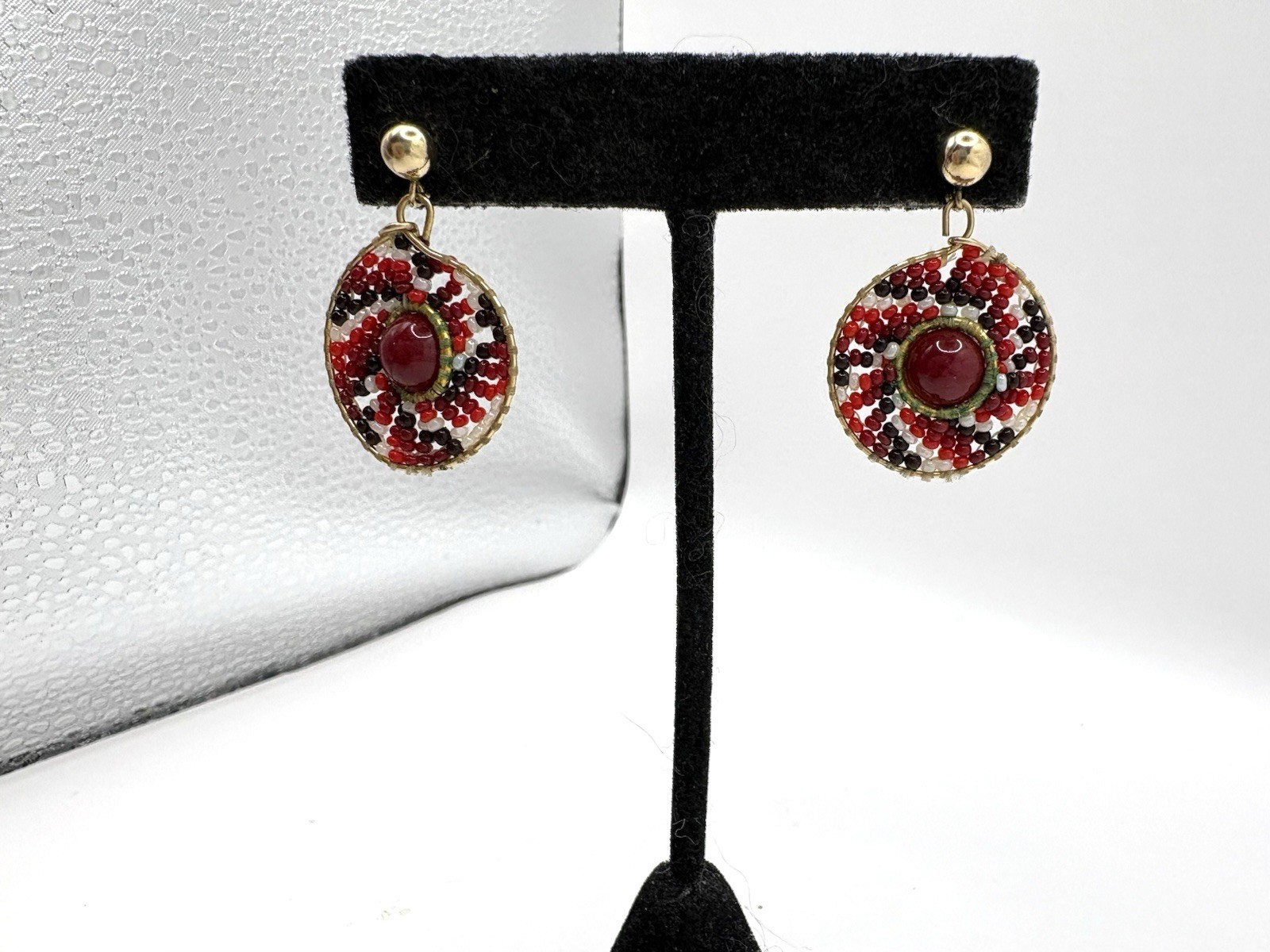 Hand Beaded Red White & Black Beaded Dangle Pierced Stud Earrings Gold Tone