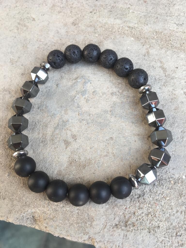 Hexagon Hemantite, Black Onyx and Lava 8.00mm Stretchable Bracelet