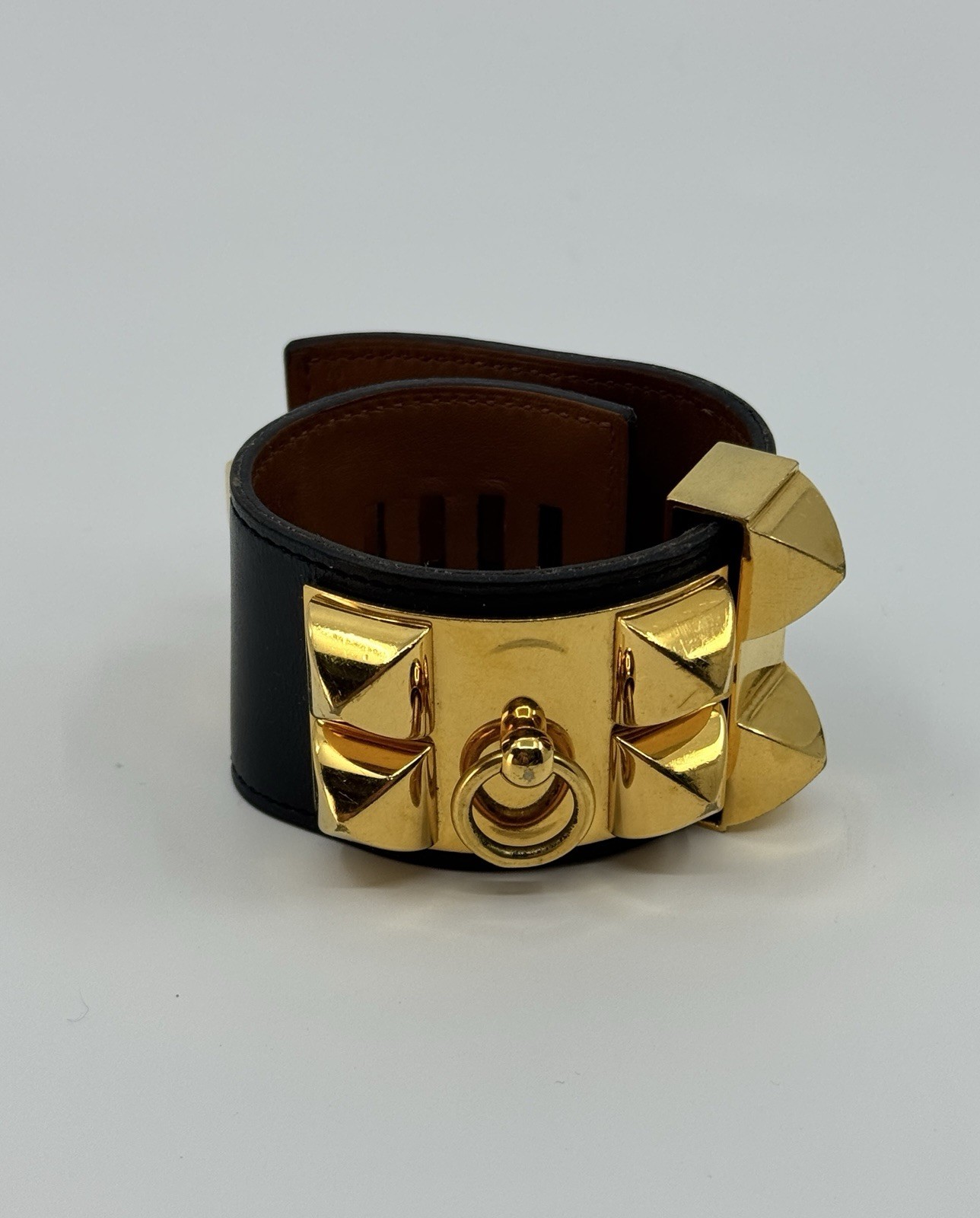 Authentic HERMÈS Gold and Black Leather Collier de Chien Bracelet