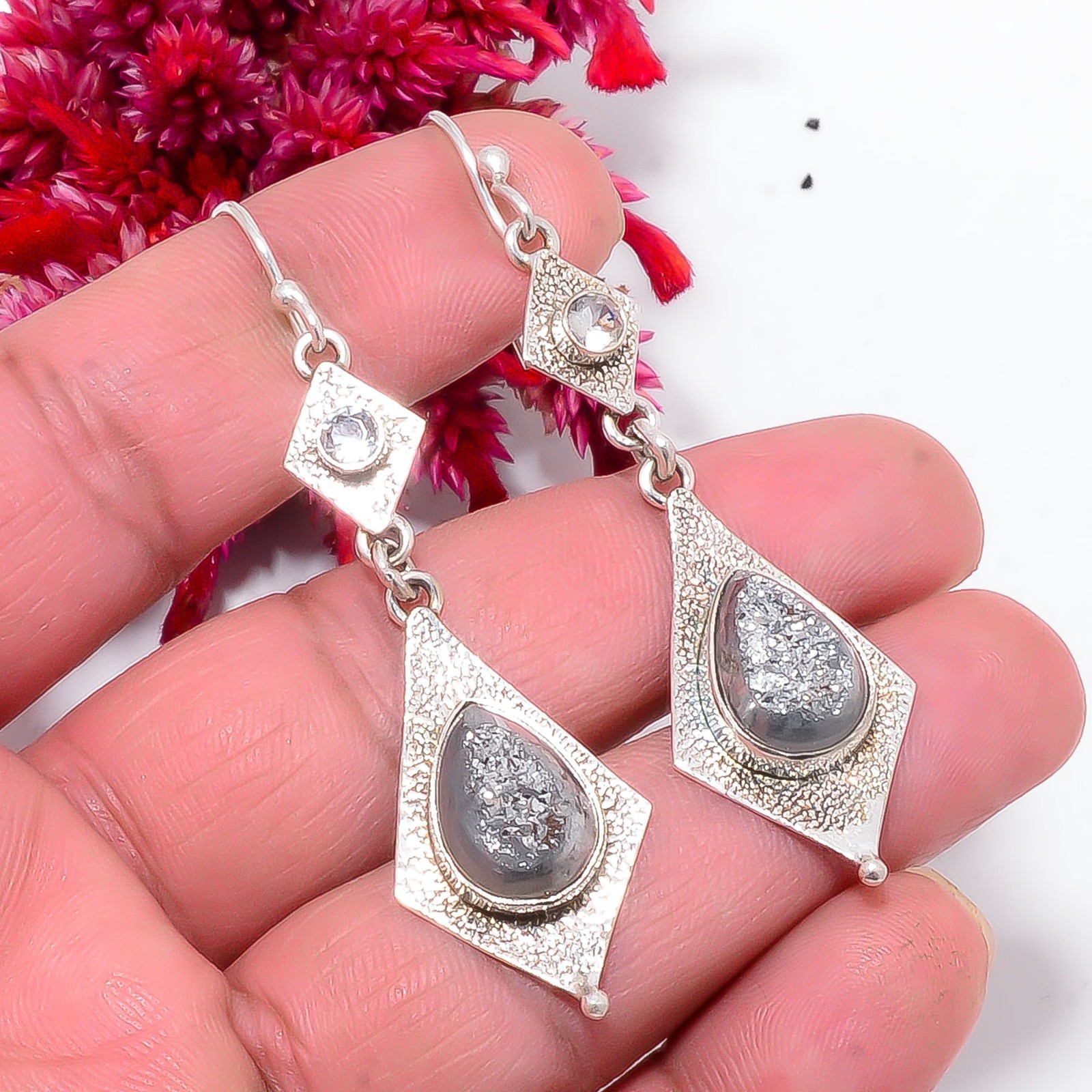 Silver Titanium Agate Drusy & White Topaz 925 Sterling Silver Earring 2.50″ Sk53