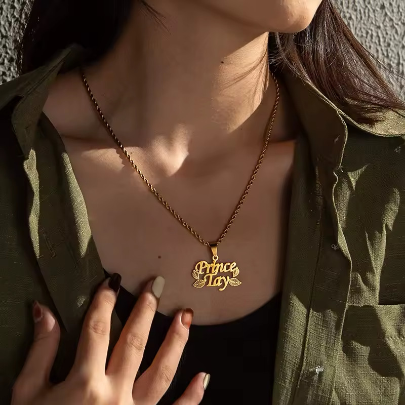 Custom Double Name Pendant Necklace Jewelry Leaf Shape Rope Chain Gold Silver