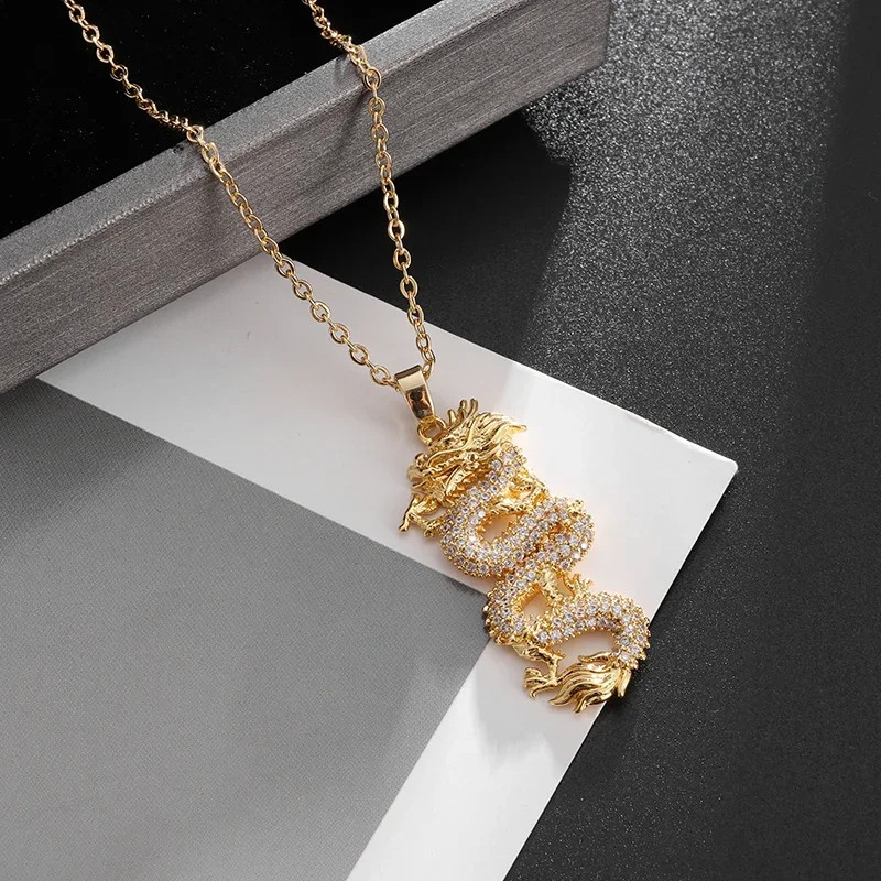 Cubic Zirconia Dragon Pendant Necklace for Men Women Amulet Jewelry