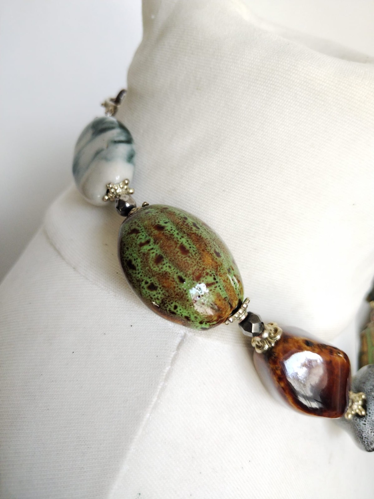 Chunky Glazed Ceramic Mixed Shapes Beaded Statement Necklace, blue green brown