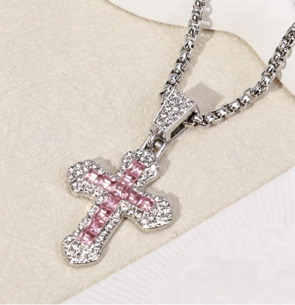 Pink Cross Pendant Necklace Silver Tone Iced CZ Hip Hop Fashion Jewelry