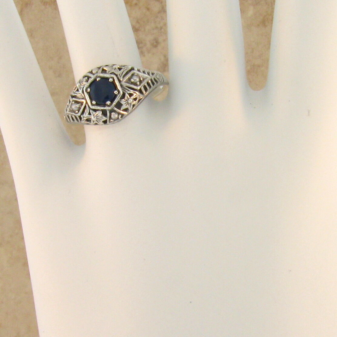 ANTIQUE STYLE GENUINE SAPPHIRE & PEARL 925 STERLING SILVER DECO DESIGN RING #069