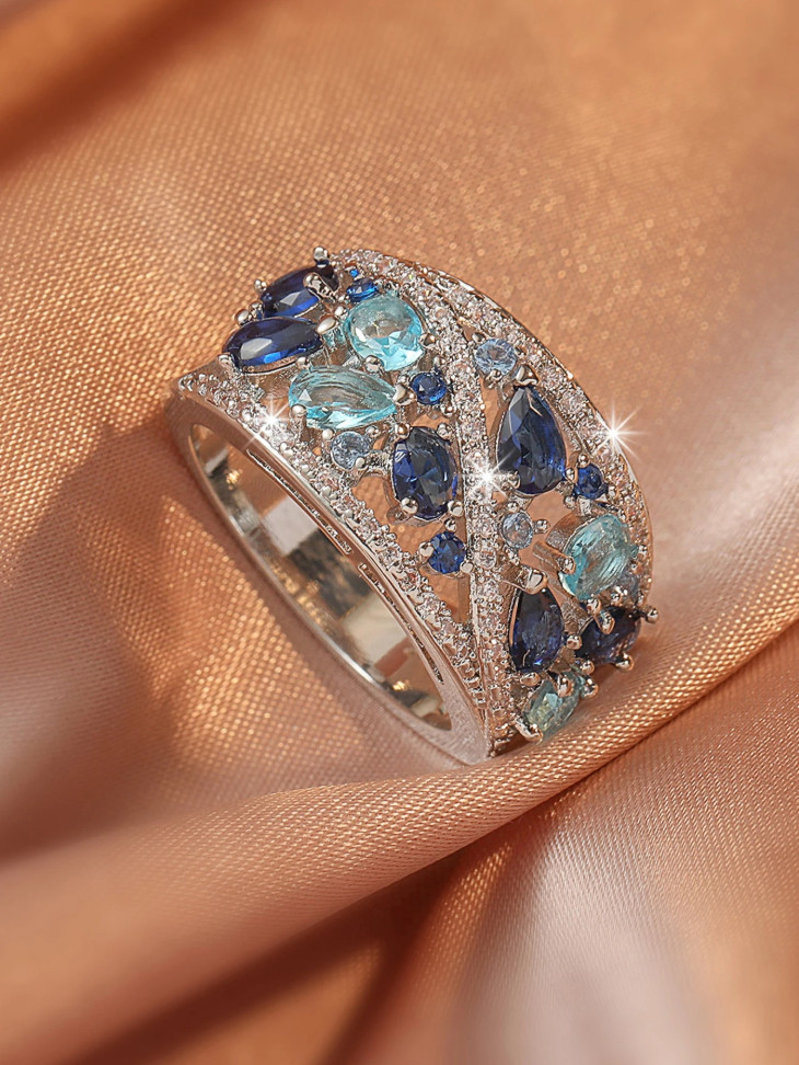 Women’s Blue & Aqua CZ Wide Band Statement Cocktail Ring Alloy Fashion Jewelry
