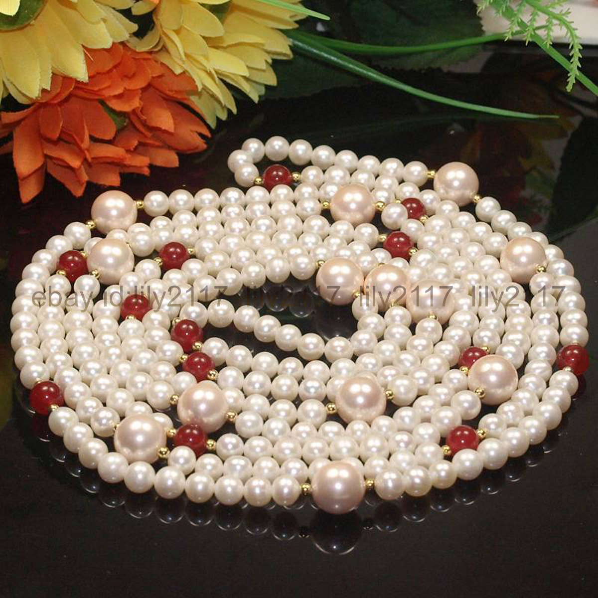 100 Inch Fashion 7-8mm white pearl 8mm red jade 14mm pink shell pearl necklace