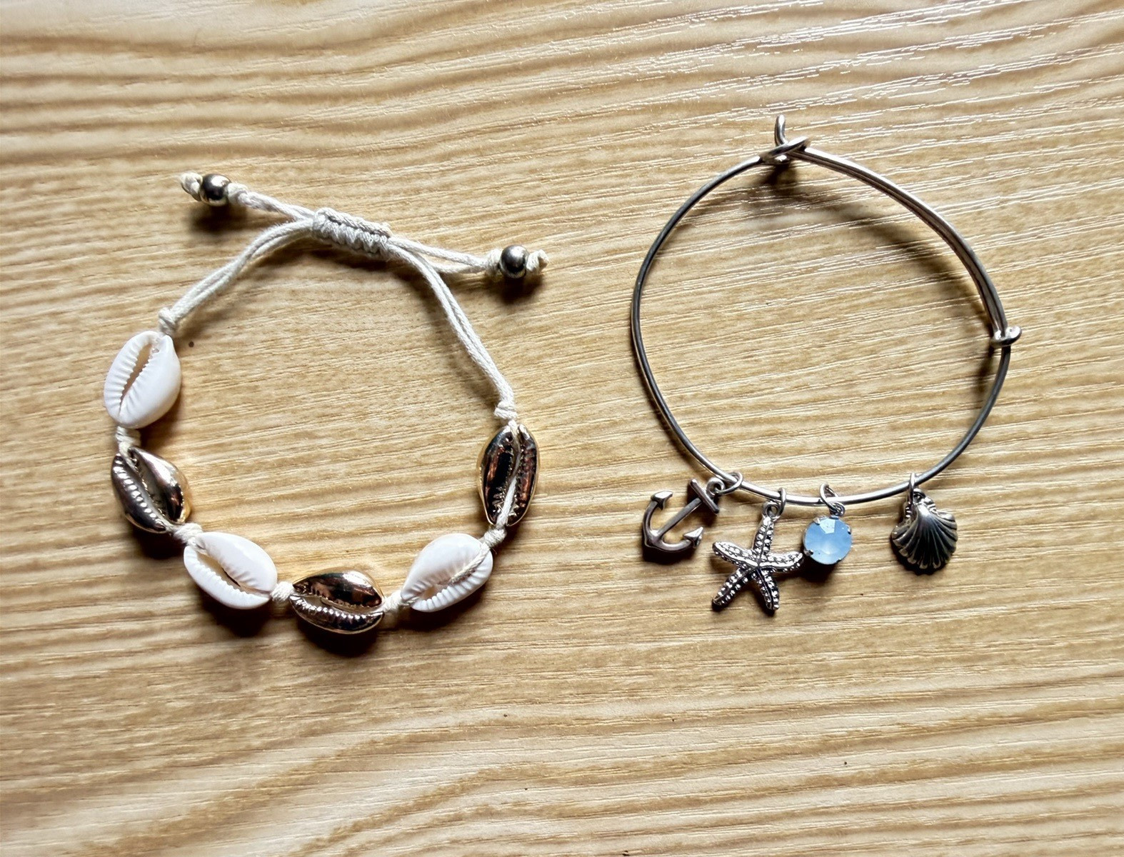 Lot of 2 – Beach Sea Life Charm Bangle Bracelet + Cowrie Shell Cord, Adjustable