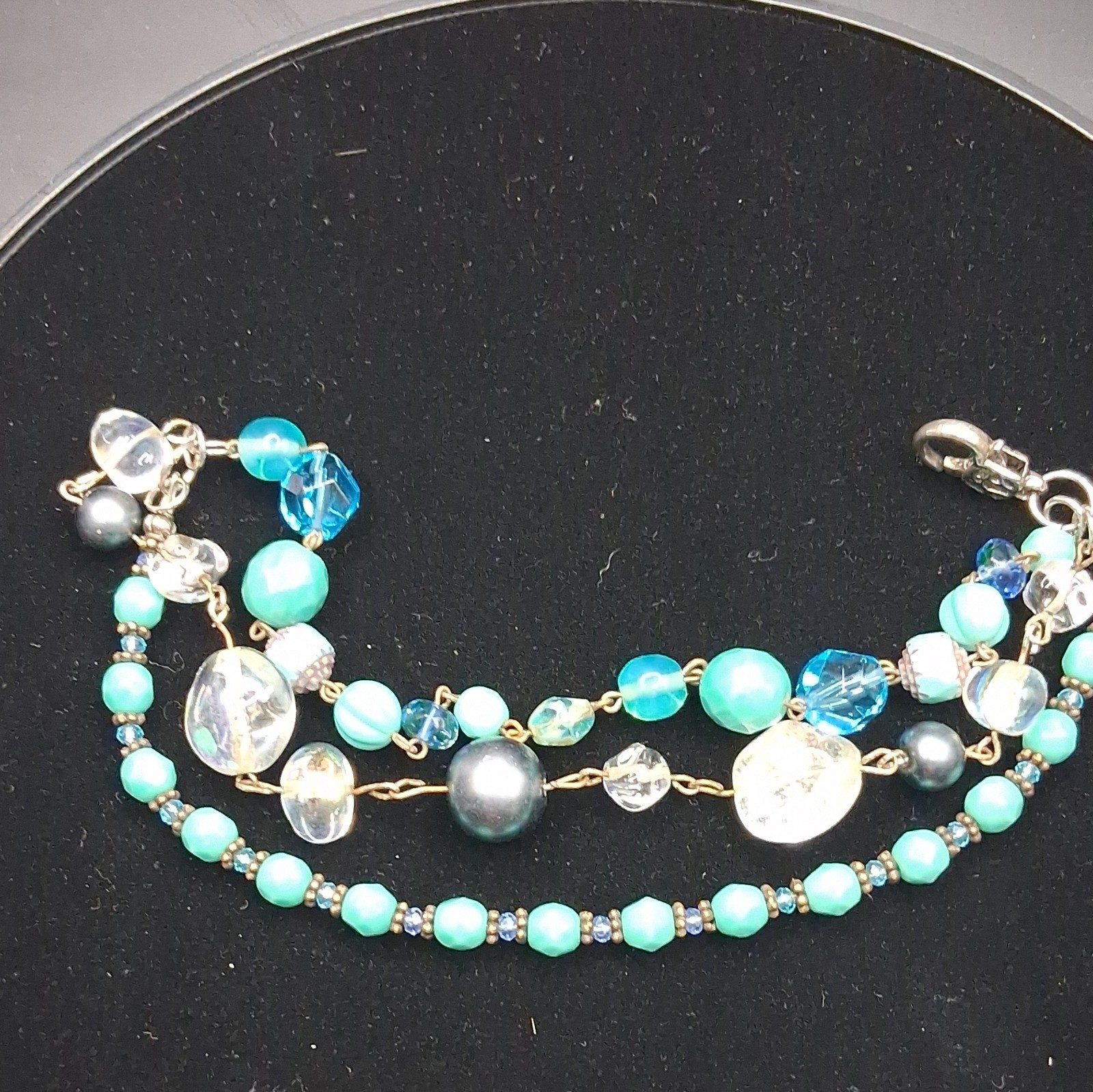 Blue Green Clear Glass Beaded Multi-Strand Cable Chain Bracelet Lobster