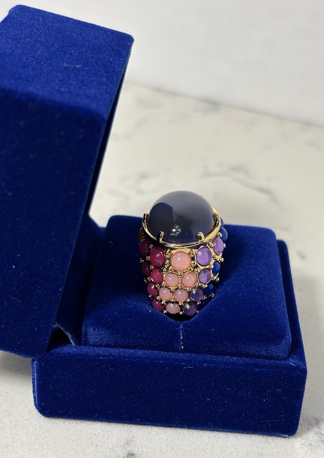 Statement Gold Tone Multicolor Cabochon Ring Size 8 Blue Stone New Box