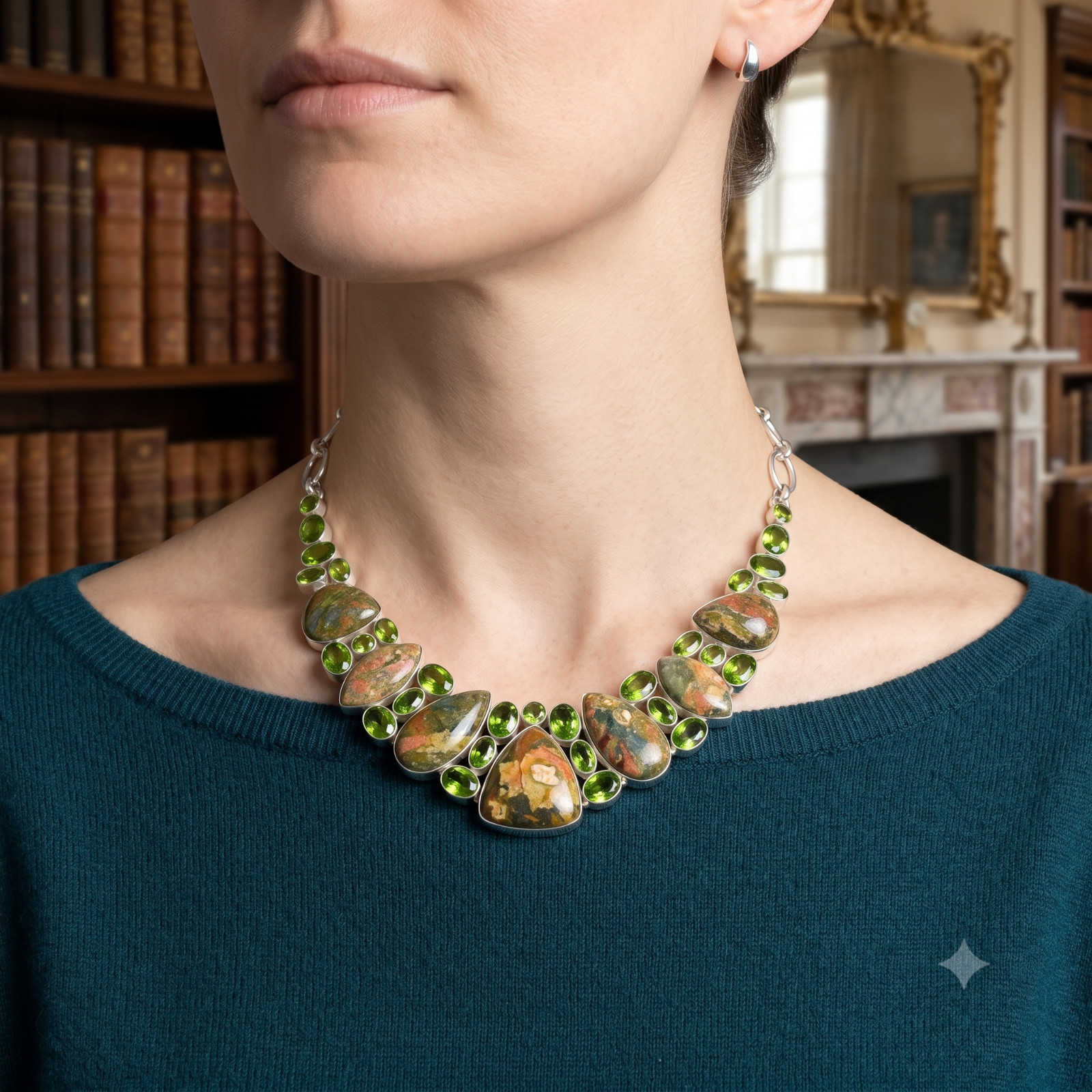 rainforest jasper Peridot 925 Silver Mother Bezel Set Vitange Necklace Jewelry