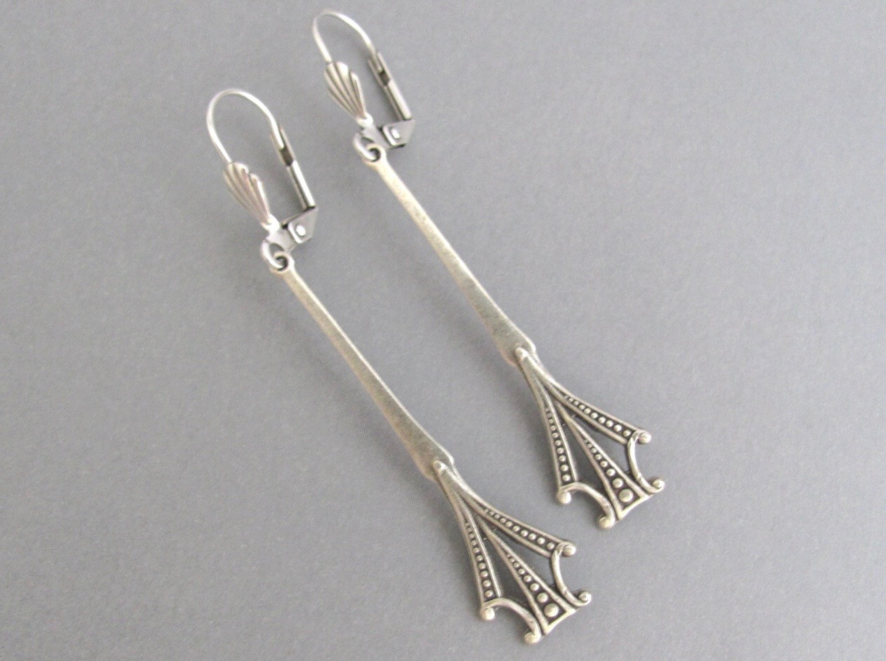 Art Deco Earrings Vintage Design Antiqued Silver Plate Victorian Cosplay Gift