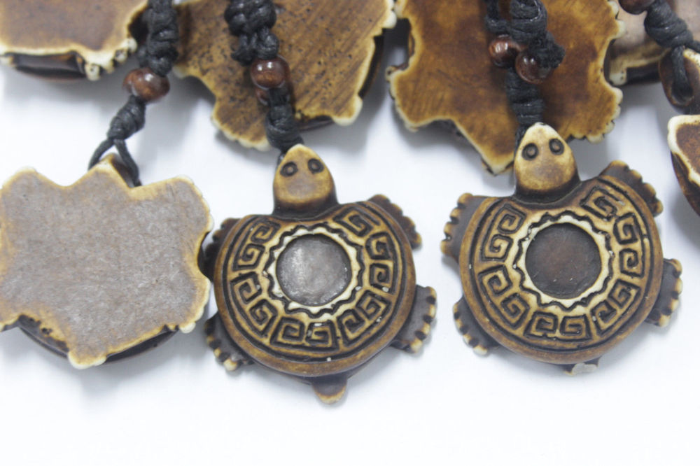 Adjustable White Brown Yak Bone Turtle Amulet Rope Necklace & Pendant 18-34 inch