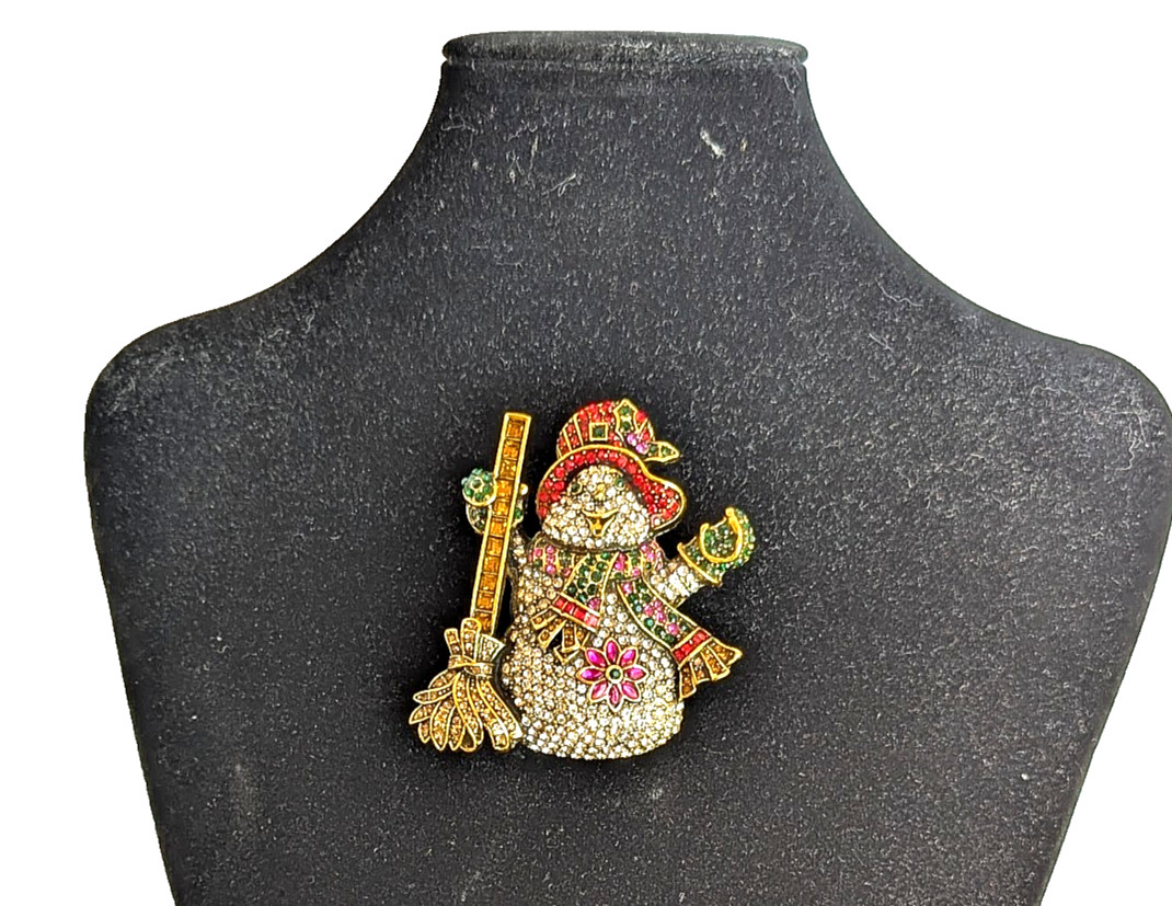 Multicolor Rhinestone Crystal Snowman with Broom 2 1/2″ x 2 1/4″ Brooch Pin