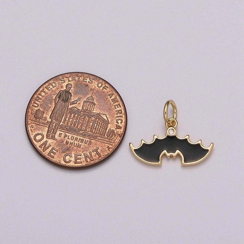 18k Gold Filled Dainty Black Enamel Bat and Broom Charm, Halloween Inspired Spoo