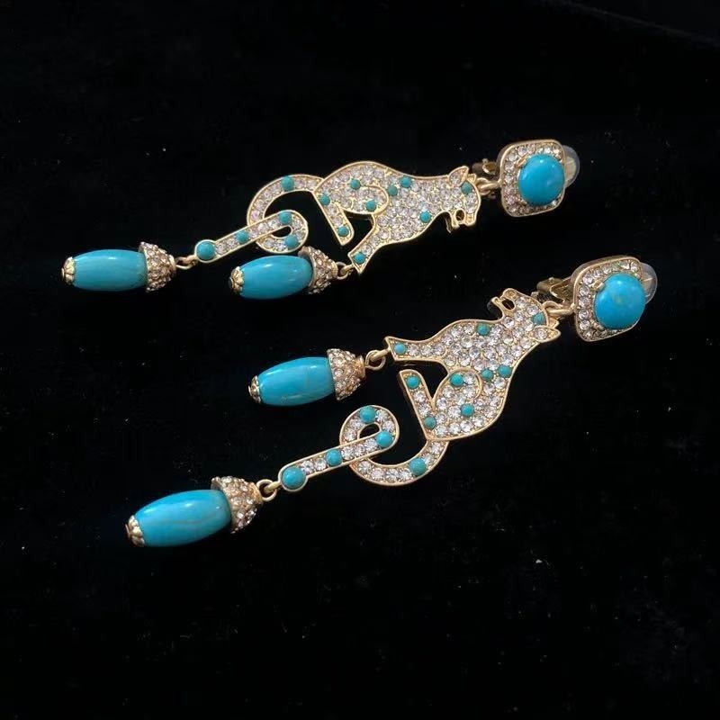 Vintage Gold Leopard Clip On Earrings Turquoise Drop Statement Long Dangle