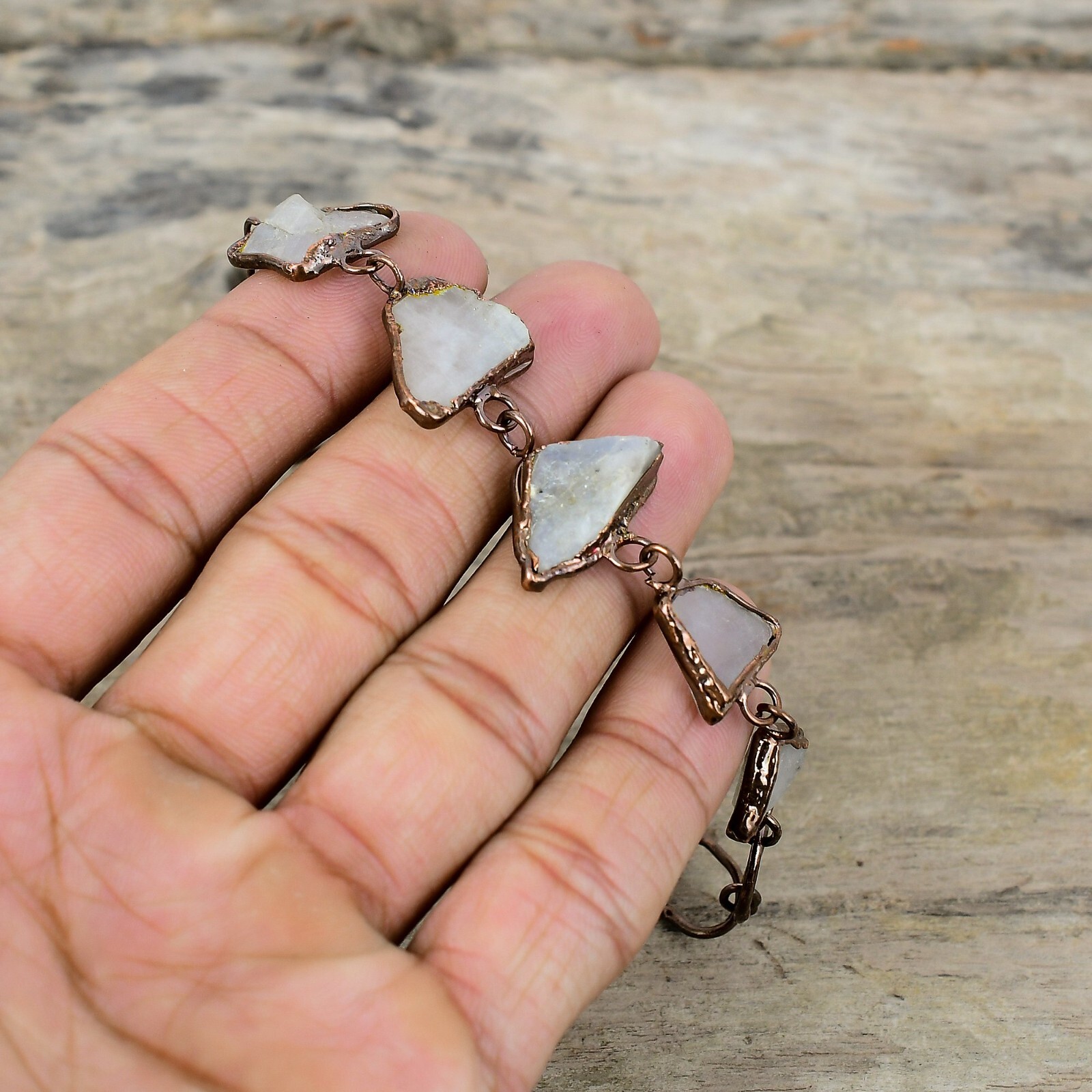 Rainbow Moonstone Rough Copper Mum Gift Electroformed Adjustable Bracelet 6.0″