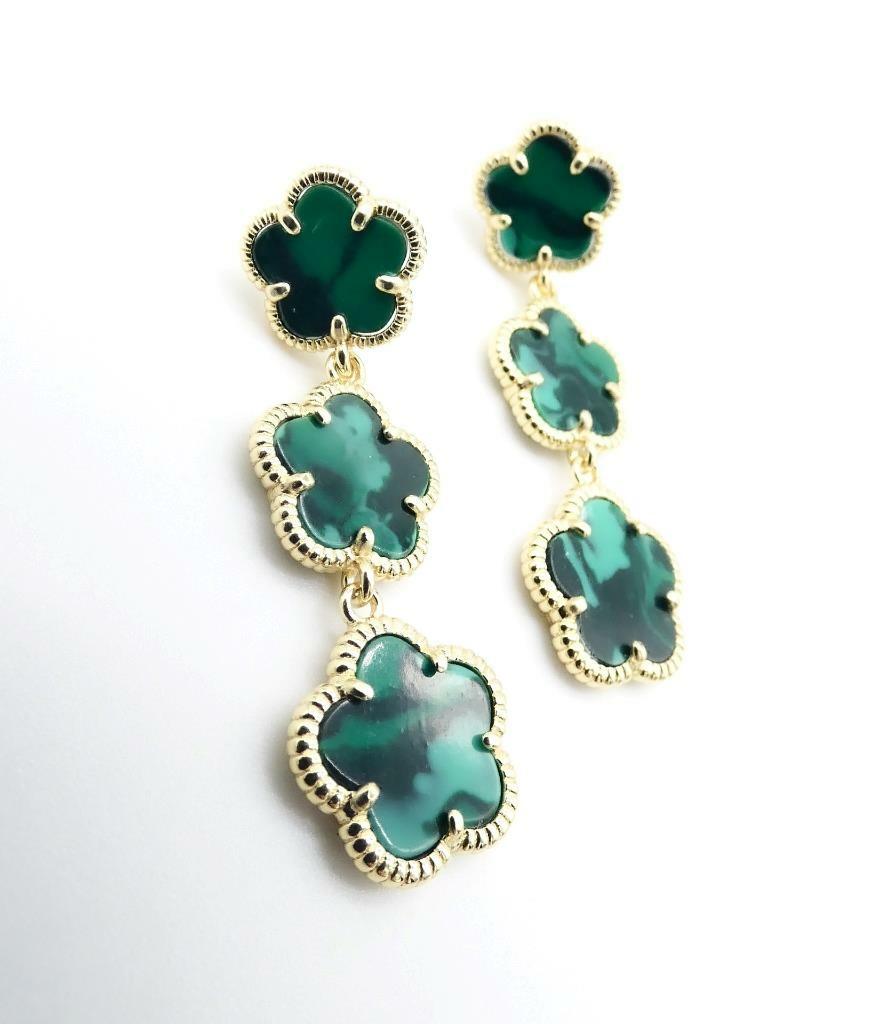 ELEGANT 18kt Gold Plated Green Malachite Triple 5 Petal Flower Dangle Earrings