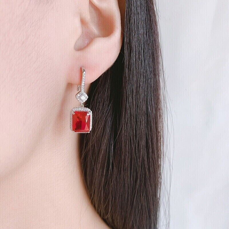 4.50Ct Emerald Cut Simulated Red Ruby Drop Halo Earrings 14K White Gold Plated