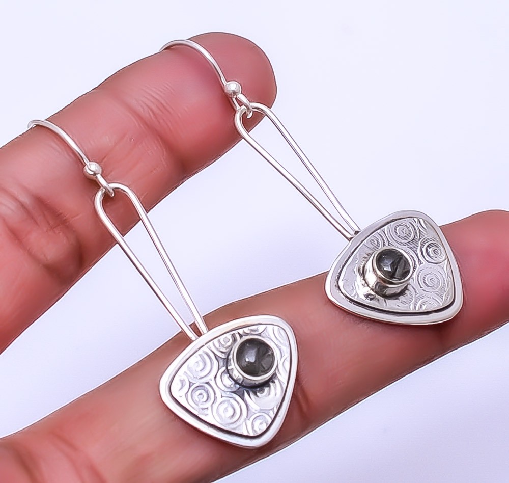 Black Rutilated Quartz – Brazil Designer 925 Sterling Silver Earring 2.07″ E63