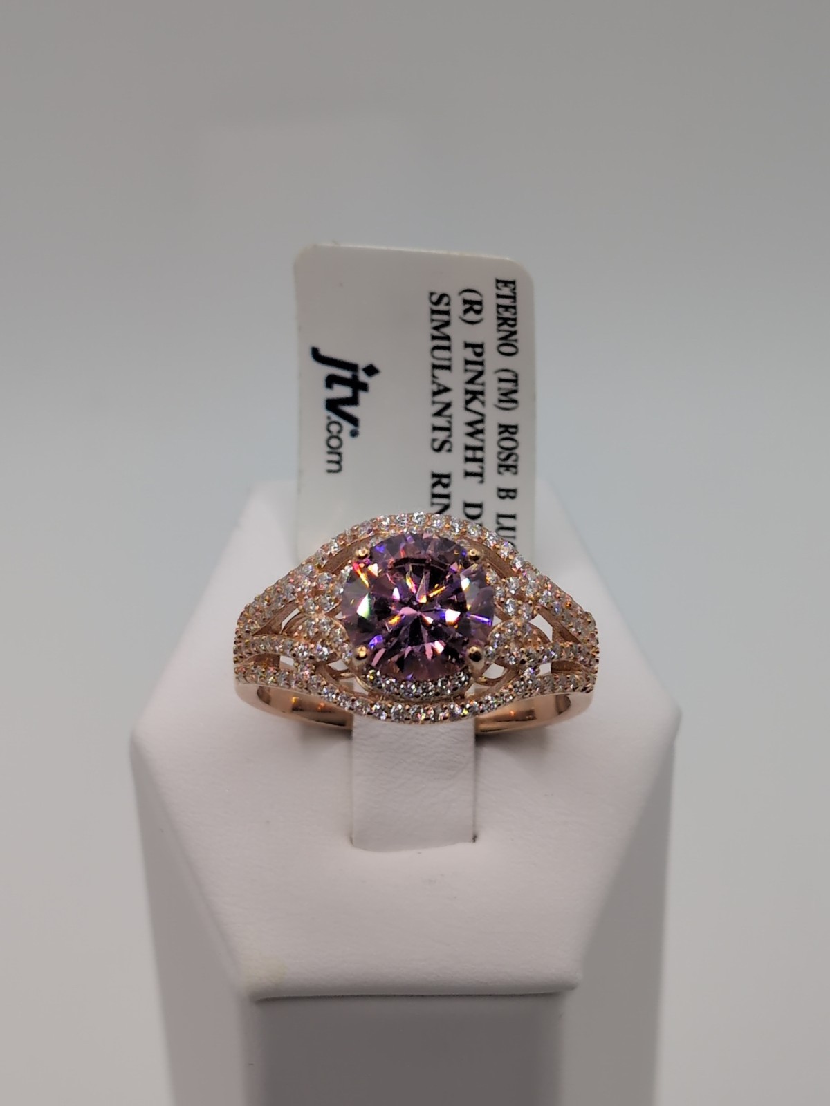 Stunning JTV Eterno Pink Rose/Diamond Simulant Rose Gold/Sterling Ring Size 12
