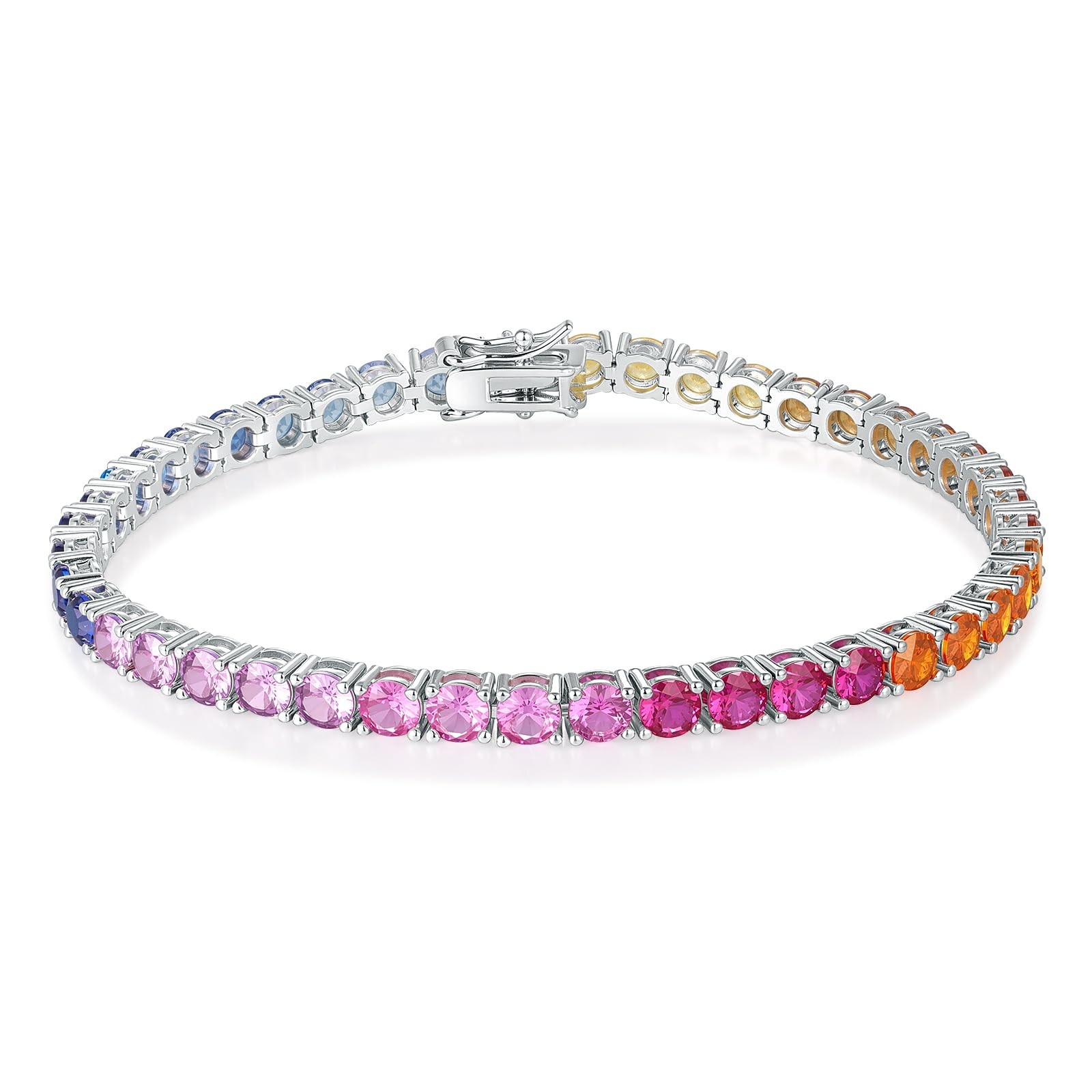 Tennis Bracelet for Women-Rainbow Cubic Zirconia Bracelet, 14K White Gold Plated