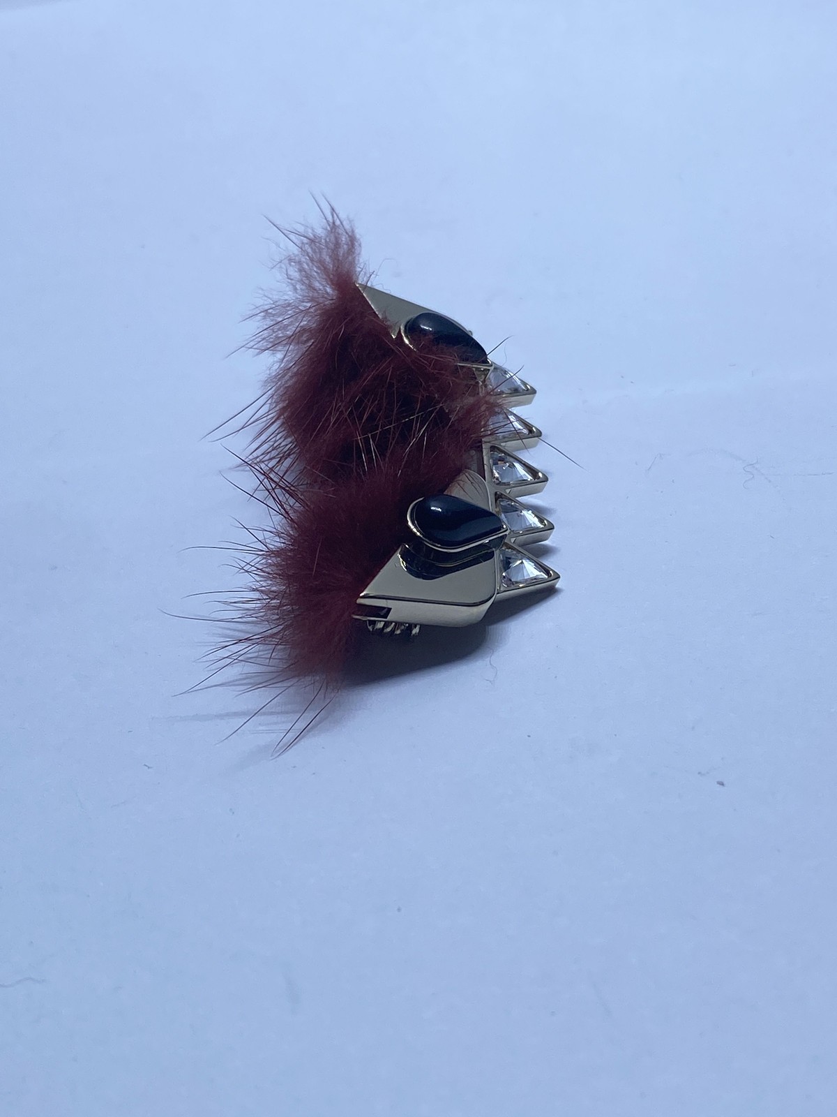 Fendi Bag Bugs Monster Brooch Stick Pin Burgundy Fur Crystal Gold Tone COA