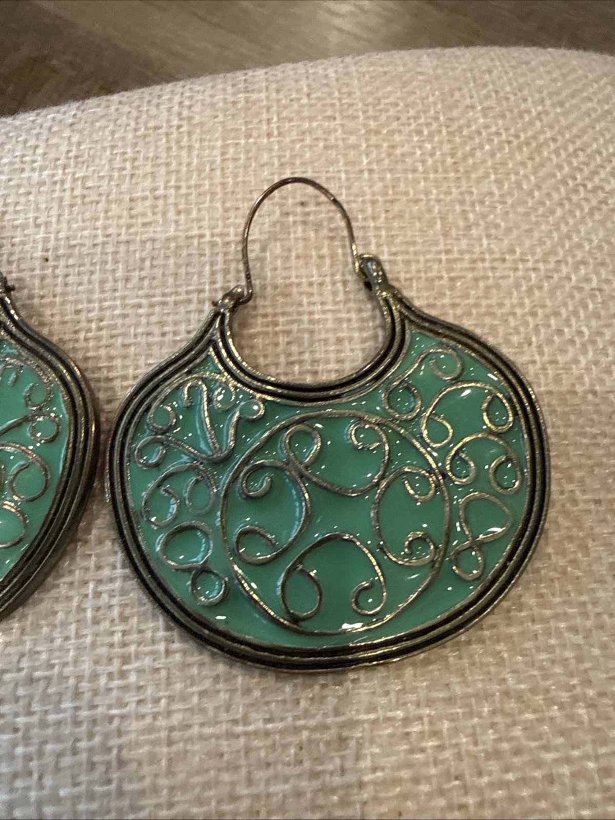 Teal Green Enamel Filigree Lace Lg Lightweight Dangle Earrings Circle Boho 2.25″