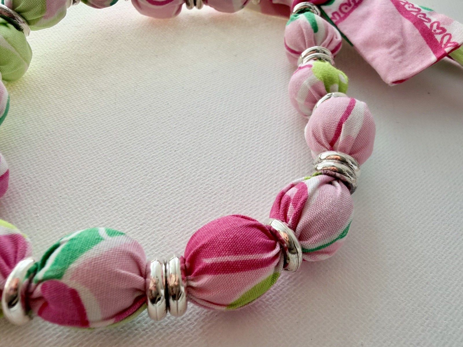 Pea Pods Fabric Bead Necklace Pink Green Floral Adjustable Tie Boutique