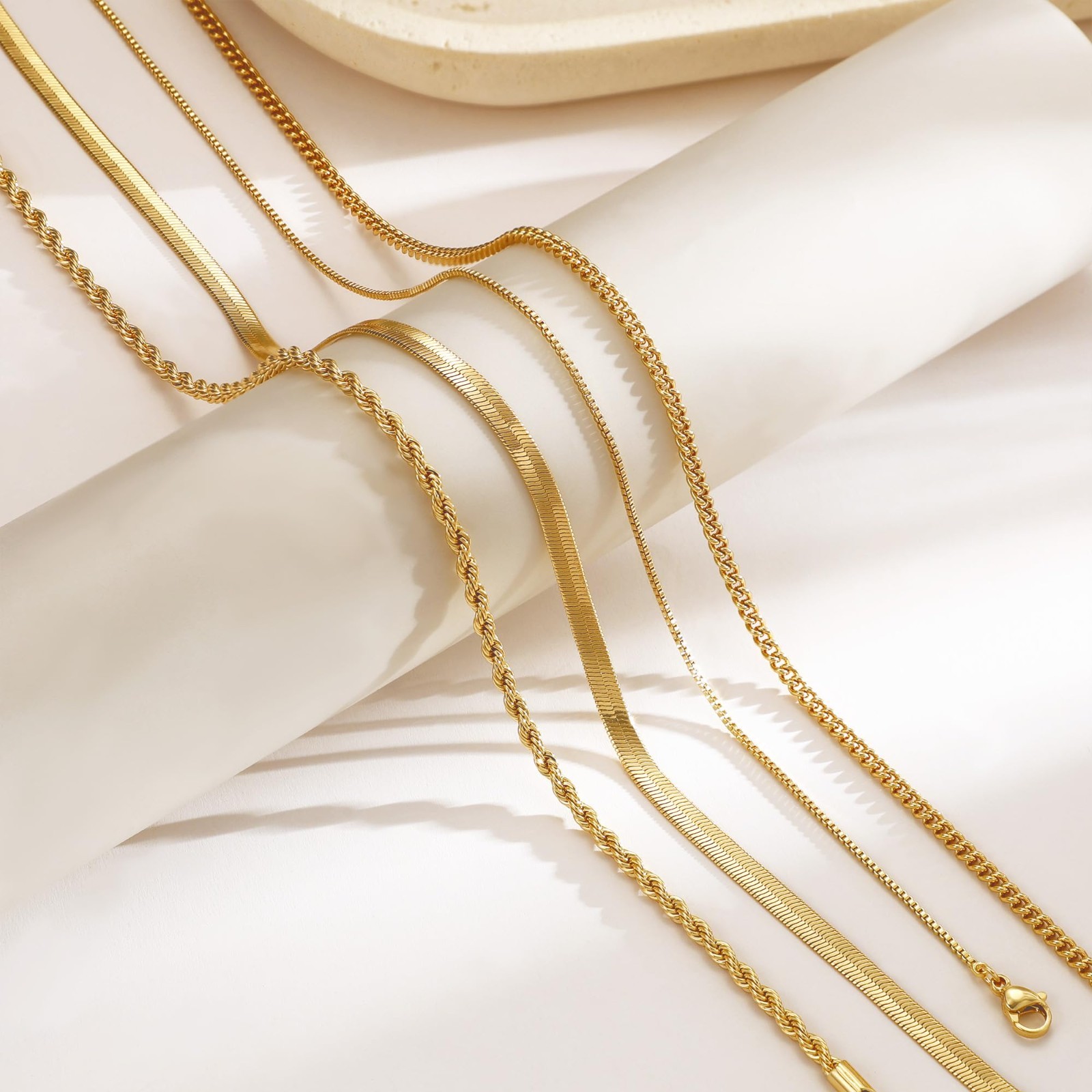 Layered Necklaces for Women – Chunky 14k Gold Plated Herringbone, Snake, Rope, C