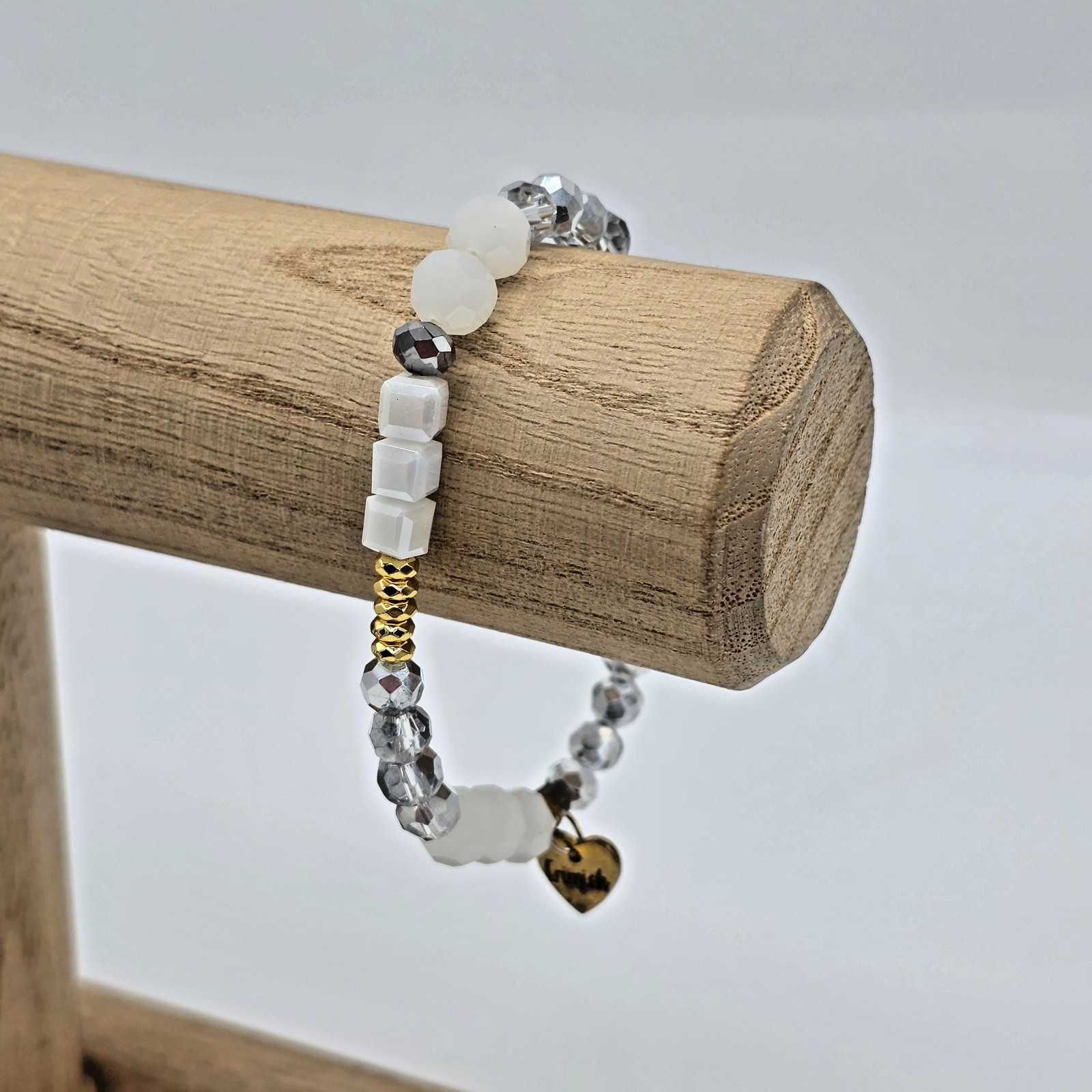 Erimish Cloud White Clear and Silver Ombre Crystal Stretch Bracelet Gold Accents
