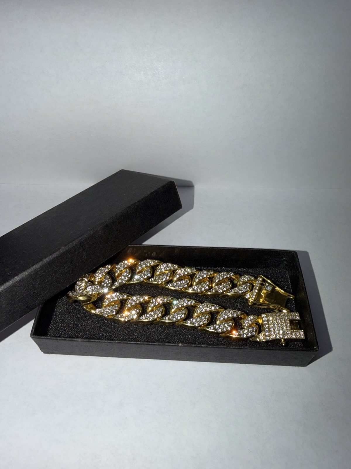 Gold Tone Cuban Link Chain Bracelet Clear Pavé Cubic Zirconia Box Clasp