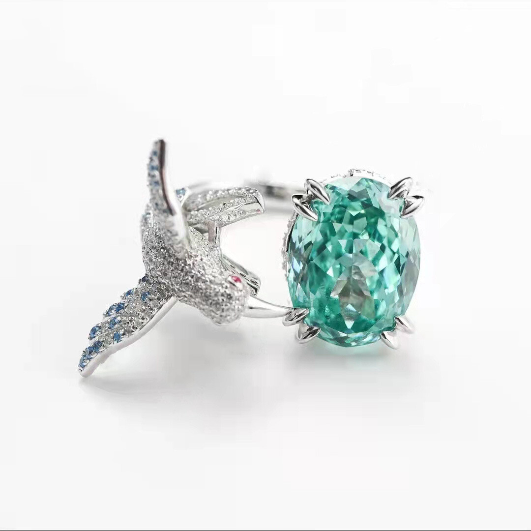New Hummingbird Oval Paraiba Green Citrine Gemstone Women Girl Charm Silver Ring