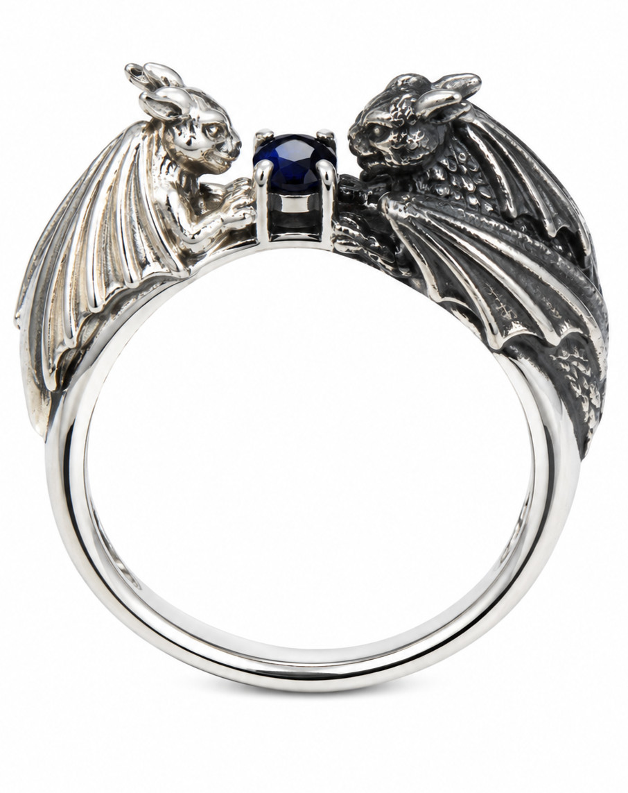 925 Sterling Silver Furies Gargoyle Ring Blue CZ Fantasy Gothic Winged Size 6-12