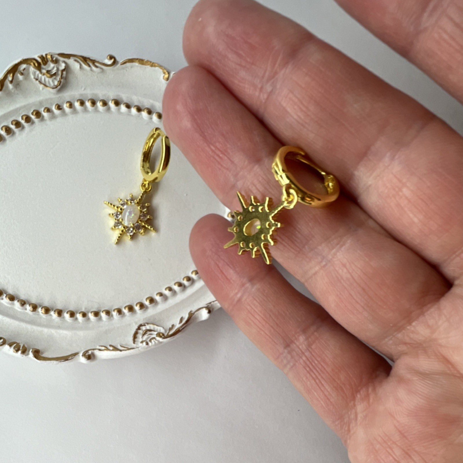 Gold Plated Star Opal Dangle Hoop Earrings, White Crystal, Prong Setting