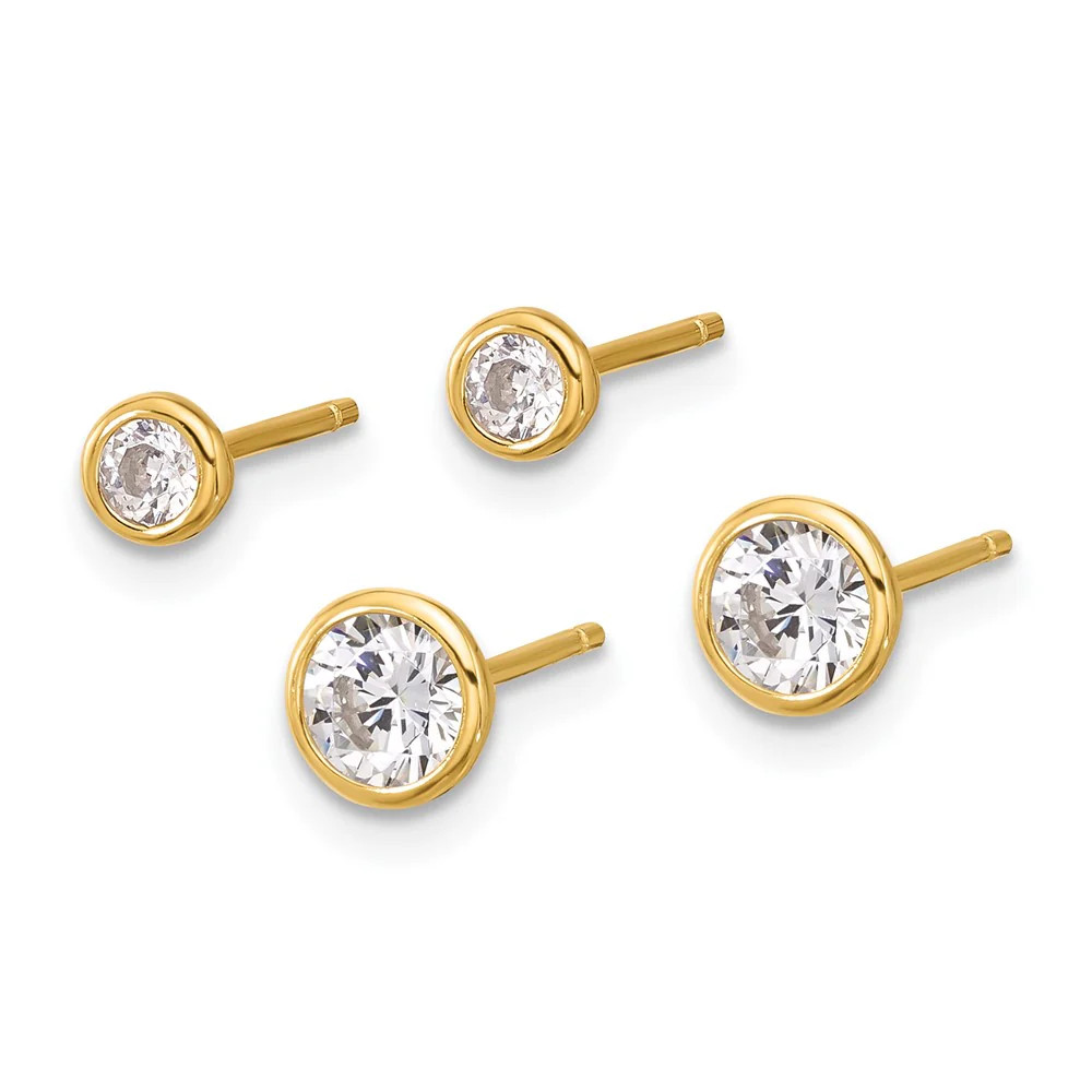 Sterling Silver Gold-Tone 3mm And 5mm CZ Bezel Post Earrings Set