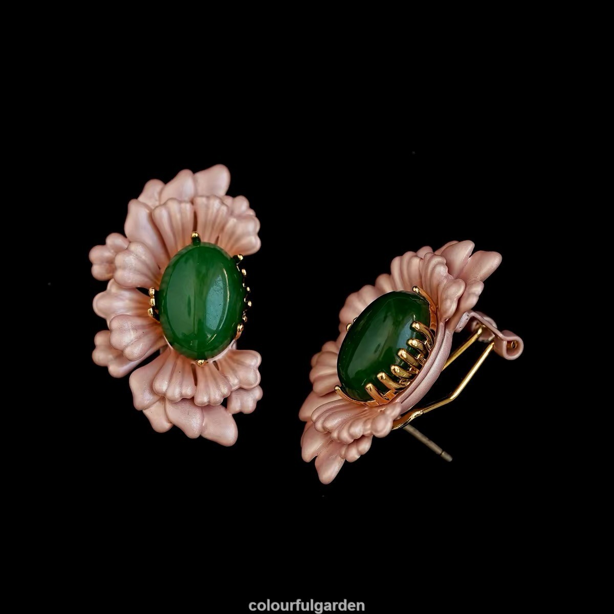 Vintage Pink Natural Stone Enamel Gold plated Flower Style earring for woman