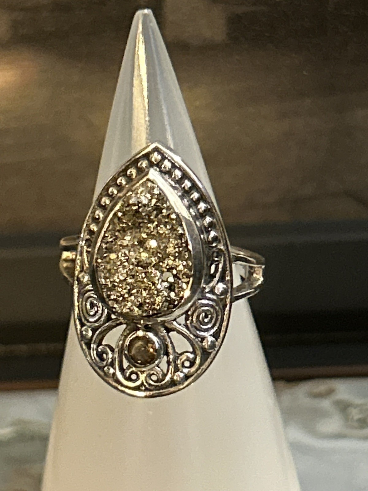 Vintage Sterling Silver 925 Pyrite Druzy Ring w/ Smoky Quartz Accent Size 7.75