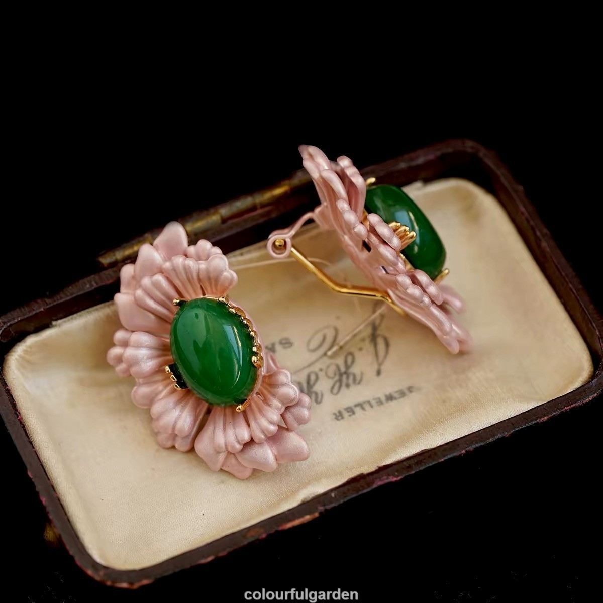 Vintage Pink Natural Stone Enamel Gold plated Flower Style earring for woman