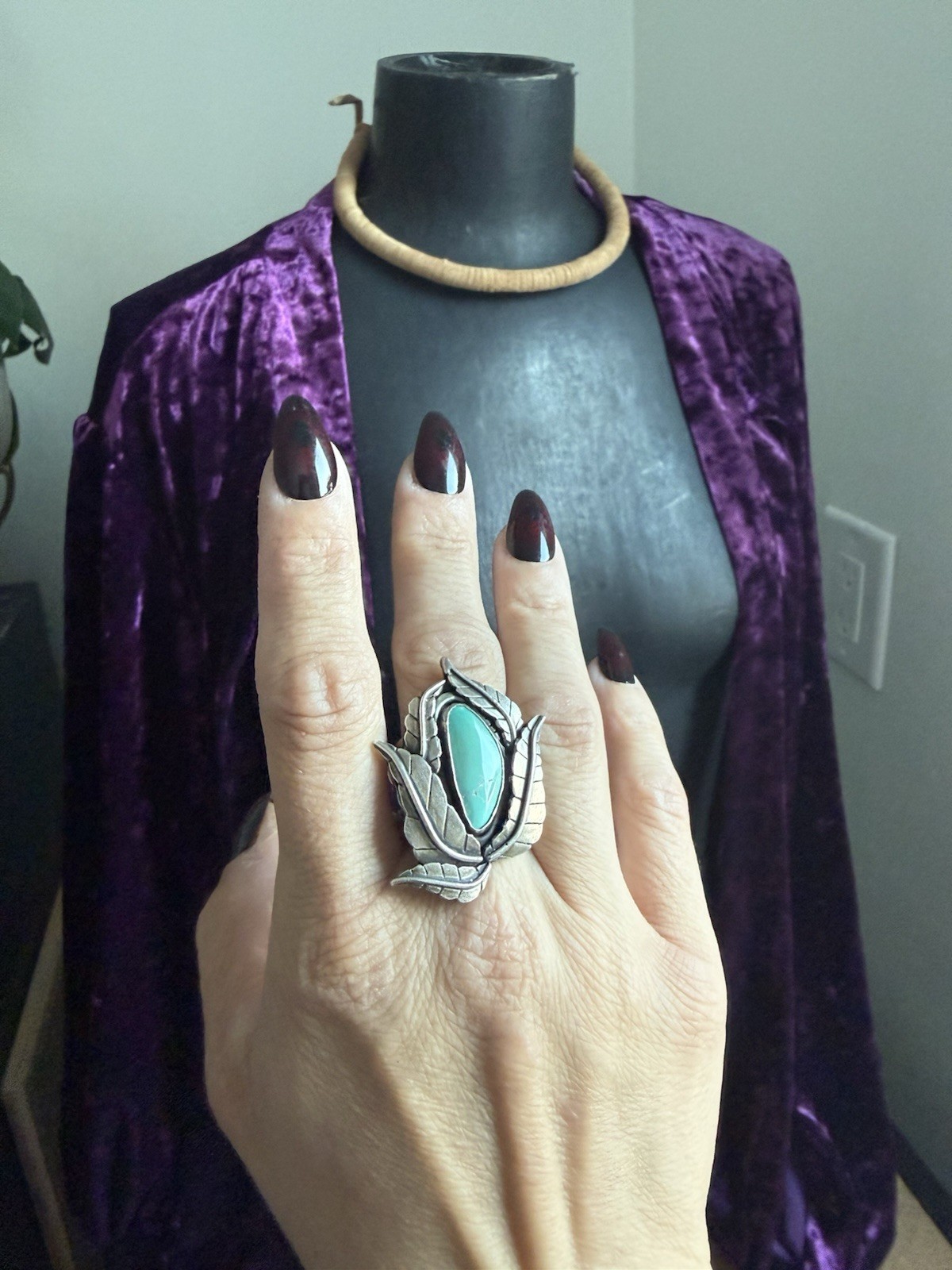 925 Sterling Silver Turquoise Bezel Leaf Statement Ring Size 9 Southwest Ring