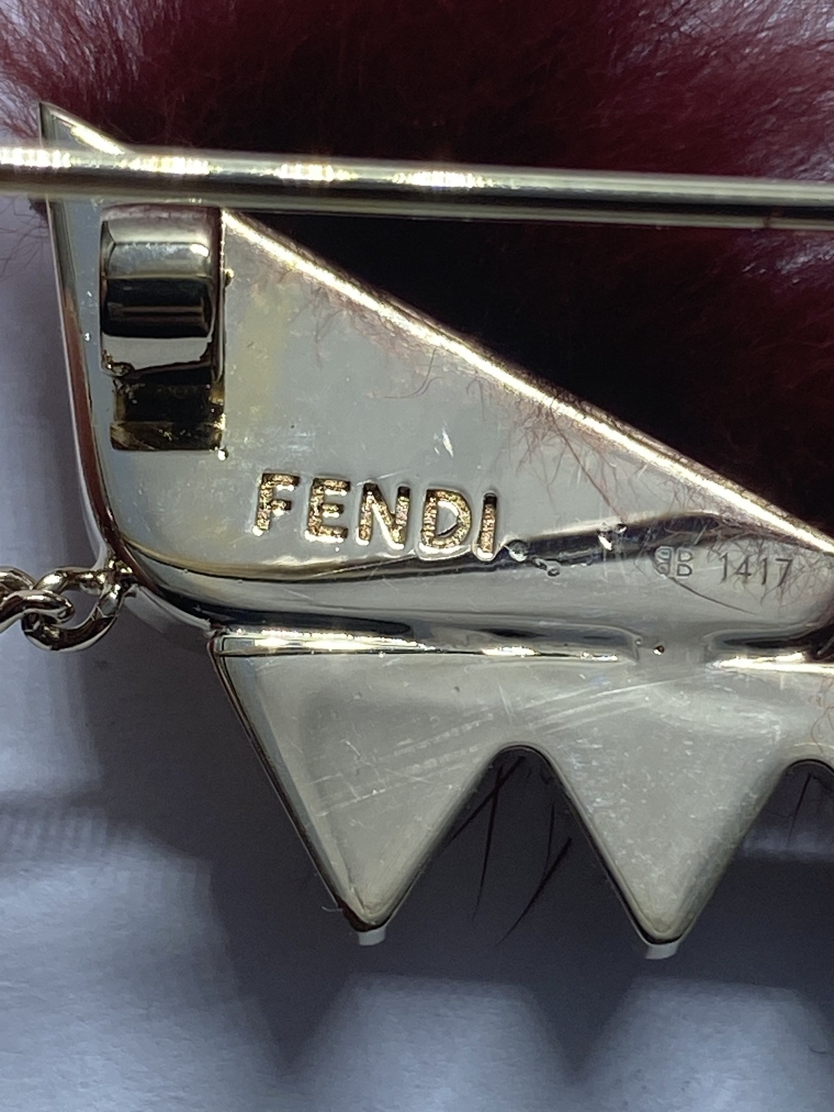Fendi Bag Bugs Monster Brooch Stick Pin Burgundy Fur Crystal Gold Tone COA