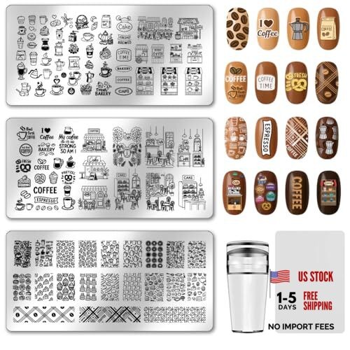 3pcs Theme Nail Stamping Plates Bakery Dessert Nail Art Stencils Beans Coffee