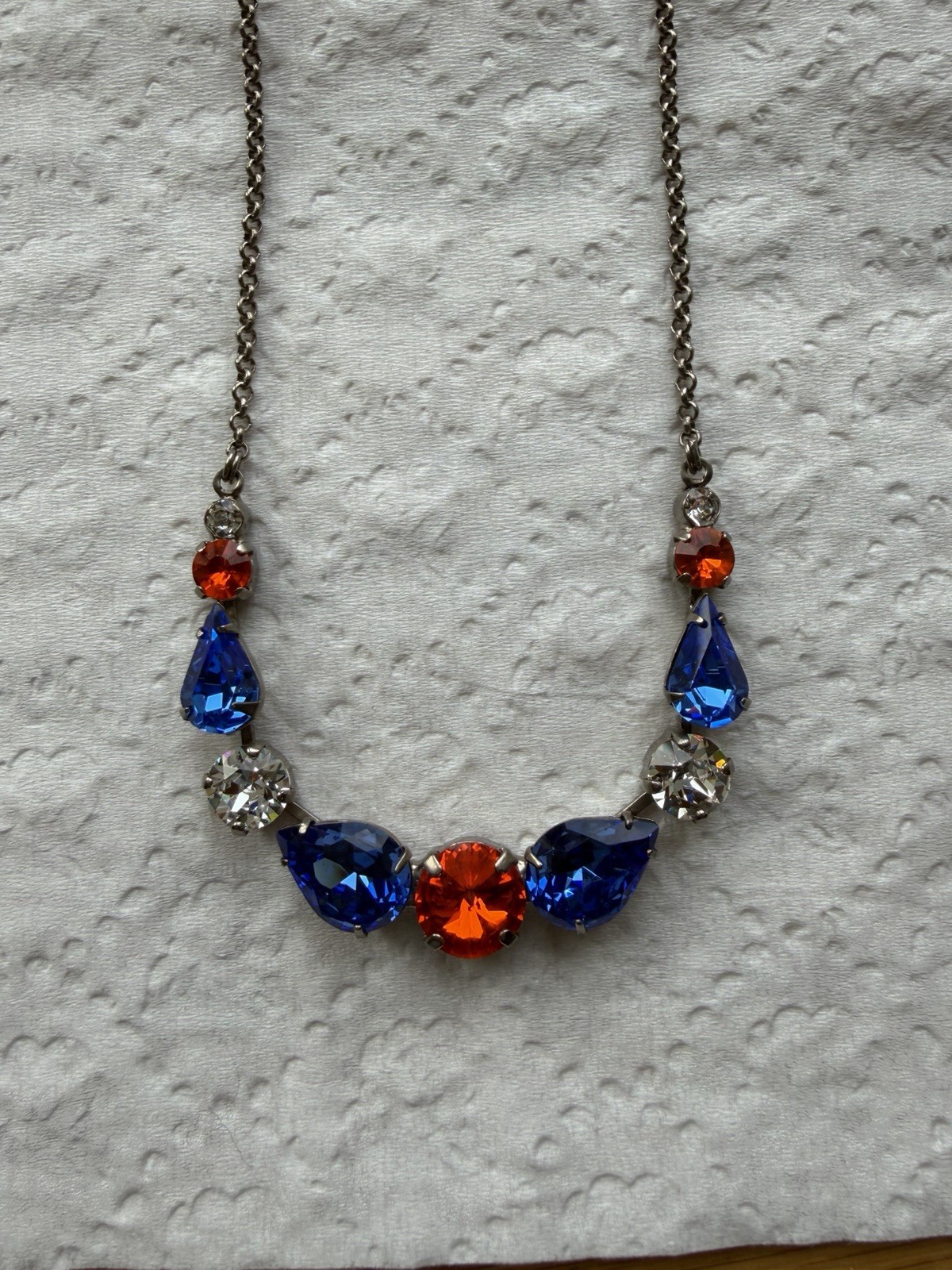 Sorrelli Orange (Red) Blue and Clear Crystal Necklace NWT