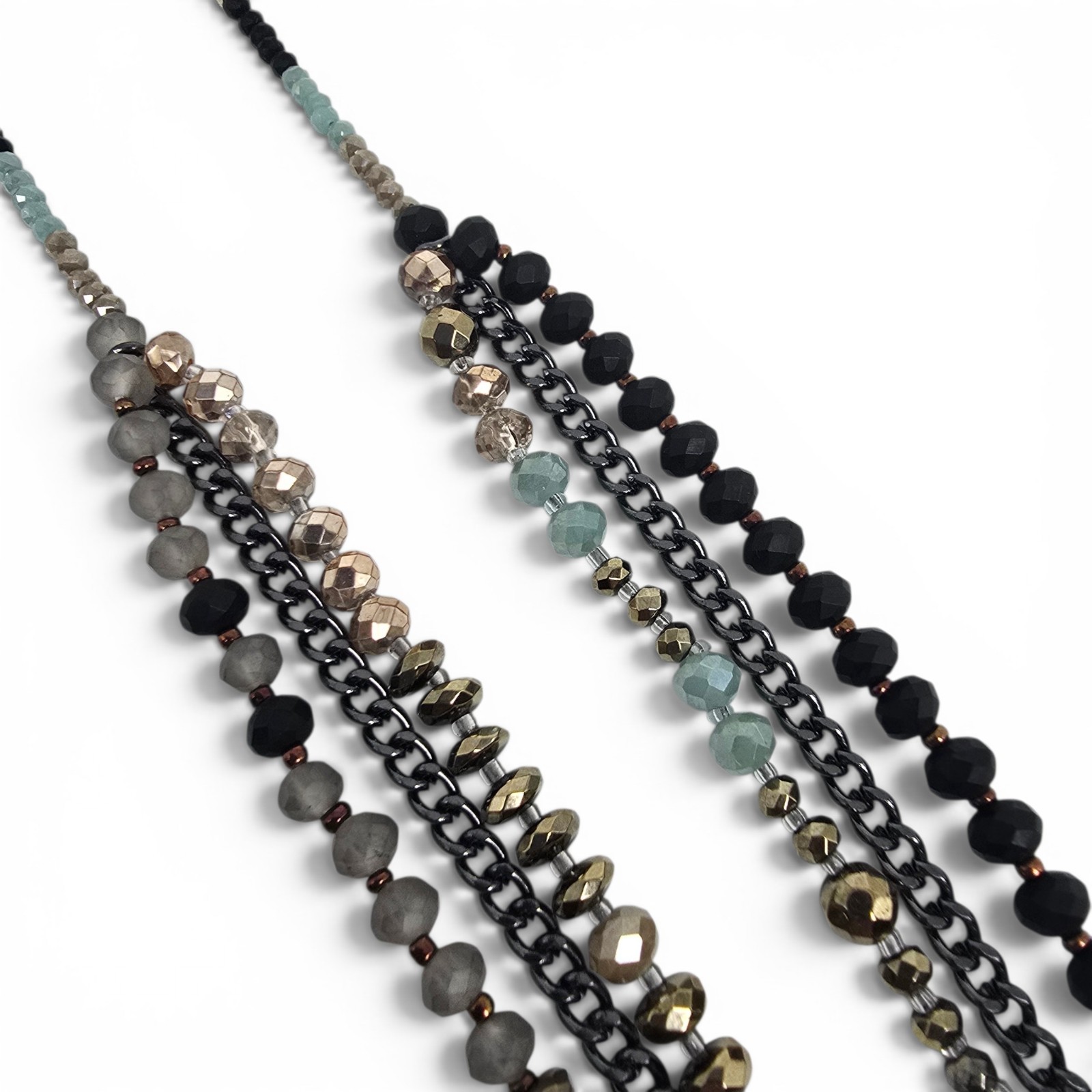 3 Strand Beaded Chain Necklace Black Gray Gold Tone Aqua Faceted Statement 20″